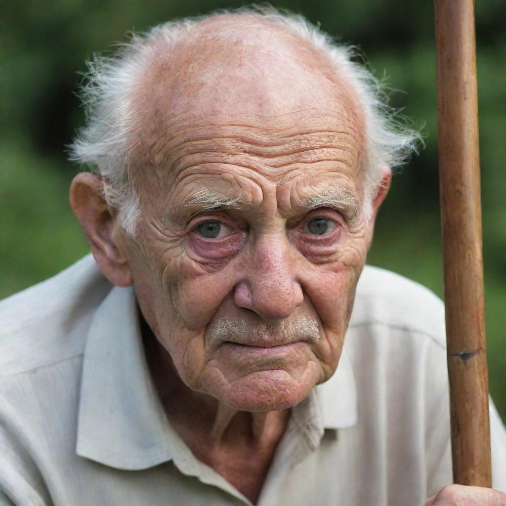 A deep lined face on an elderly man, his eyes full of wisdom from a life well-lived. He is hunched with age and leans on a wooden cane for support.