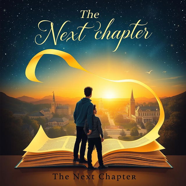 A visually striking novel cover design for 'The Next Chapter', featuring an open book with pages flowing into the air, transitioning into a beautiful university campus landscape that represents new beginnings