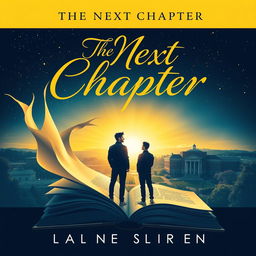 A visually striking novel cover design for 'The Next Chapter', featuring an open book with pages flowing into the air, transitioning into a beautiful university campus landscape that represents new beginnings