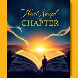 A visually striking novel cover design for 'The Next Chapter', featuring an open book with pages flowing into the air, transitioning into a beautiful university campus landscape that represents new beginnings