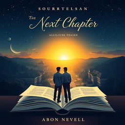 A visually striking novel cover design for 'The Next Chapter', featuring an open book with pages flowing into the air, transitioning into a beautiful university campus landscape that represents new beginnings