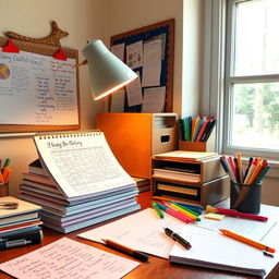 A cozy and inviting study space featuring a wooden desk covered with colorful school supplies and a stack of neatly organized notebooks filled with handwritten notes
