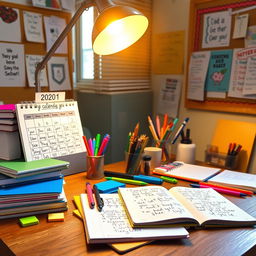A cozy and inviting study space featuring a wooden desk covered with colorful school supplies and a stack of neatly organized notebooks filled with handwritten notes