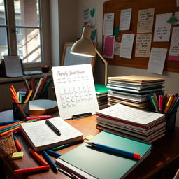 A cozy and inviting study space featuring a wooden desk covered with colorful school supplies and a stack of neatly organized notebooks filled with handwritten notes