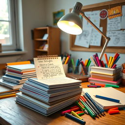 A cozy and inviting study space featuring a wooden desk covered with colorful school supplies and a stack of neatly organized notebooks filled with handwritten notes
