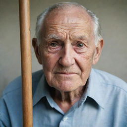 A deep lined face on an elderly man, his eyes full of wisdom from a life well-lived. He is hunched with age and leans on a wooden cane for support.