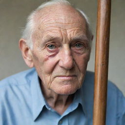 A deep lined face on an elderly man, his eyes full of wisdom from a life well-lived. He is hunched with age and leans on a wooden cane for support.