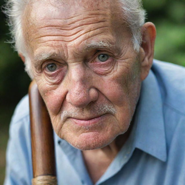 A deep lined face on an elderly man, his eyes full of wisdom from a life well-lived. He is hunched with age and leans on a wooden cane for support.