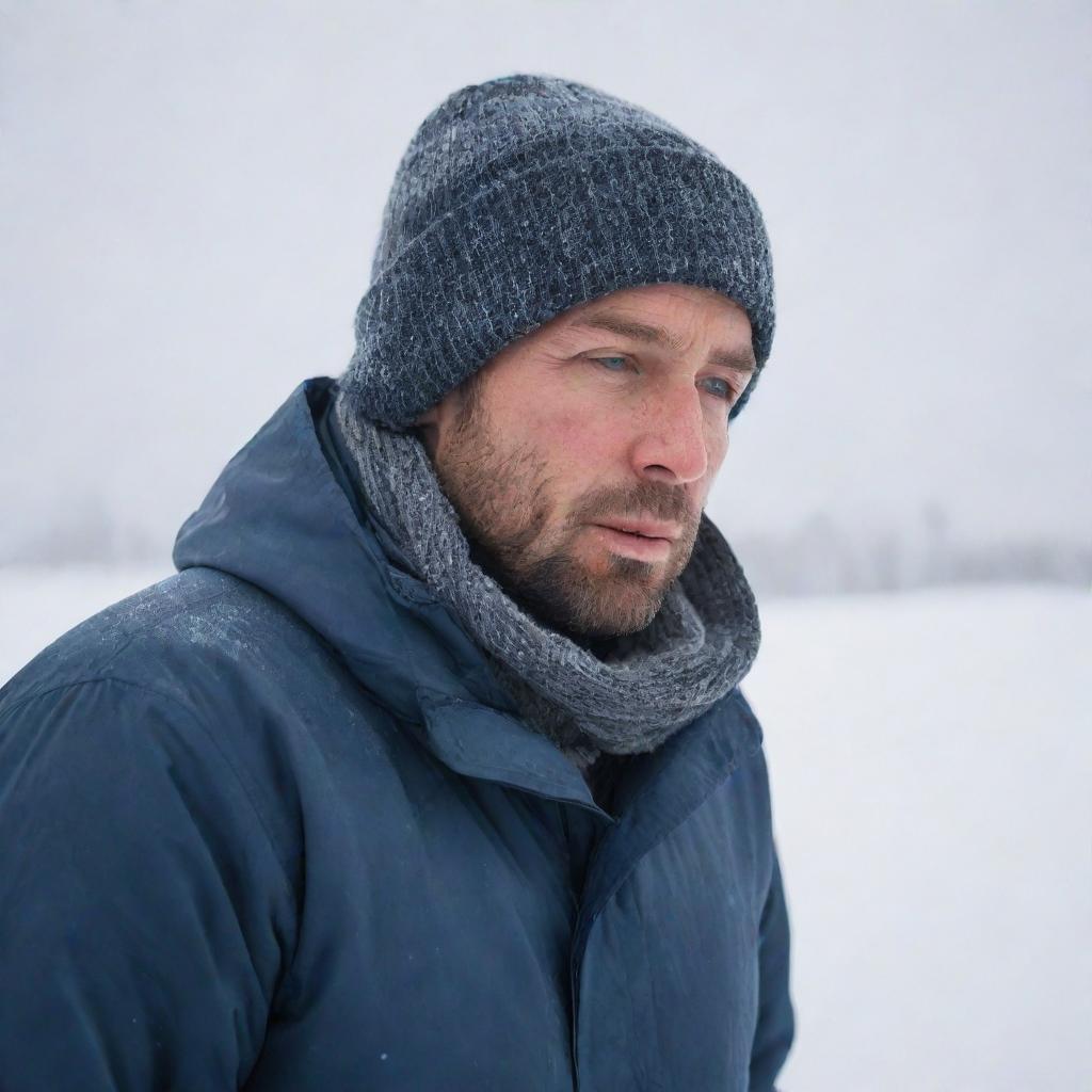 A man in a snowy landscape, huddled against the biting wind, clad in several layers of winter garments, breath visible in the frigid air, signifying intense cold.