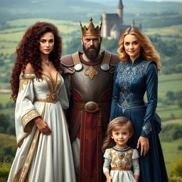 A regal warrior king standing confidently in the center, flanked by his two wives