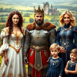 A regal warrior king standing confidently in the center, flanked by his two wives