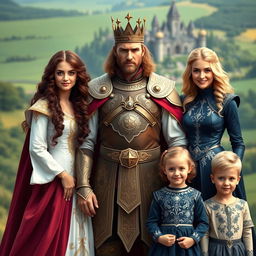 A regal warrior king standing confidently in the center, flanked by his two wives