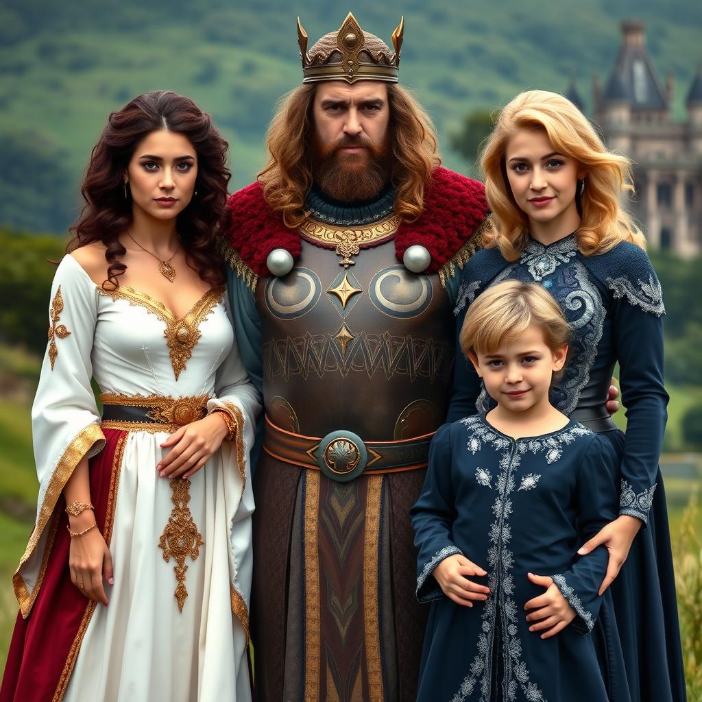 A regal warrior king standing confidently in the center, flanked by his two wives