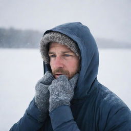 A man in a snowy landscape, huddled against the biting wind, clad in several layers of winter garments, breath visible in the frigid air, signifying intense cold.