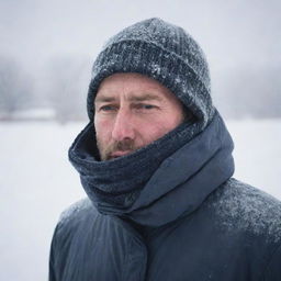 A man in a snowy landscape, huddled against the biting wind, clad in several layers of winter garments, breath visible in the frigid air, signifying intense cold.