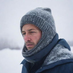 A man in a snowy landscape, huddled against the biting wind, clad in several layers of winter garments, breath visible in the frigid air, signifying intense cold.