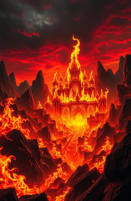 A hellish landscape with fiery flames resembling a grand palace, the flames shaped like yellow camels licking upwards