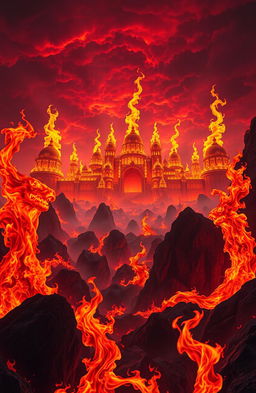 A hellish landscape with fiery flames resembling a grand palace, the flames shaped like yellow camels licking upwards