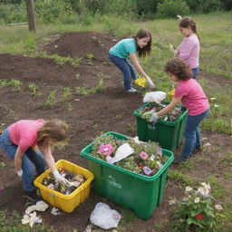 Generate an image depicting a lively environmental scene where people are cleaning, planting, and sorting bio and non-biodegradable waste in labeled bins. Include children learning environmental stewardship and sprinkle the scene with blooming flowers.