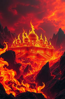 A hellish landscape with fiery flames resembling a grand palace, the flames shaped like yellow camels licking upwards