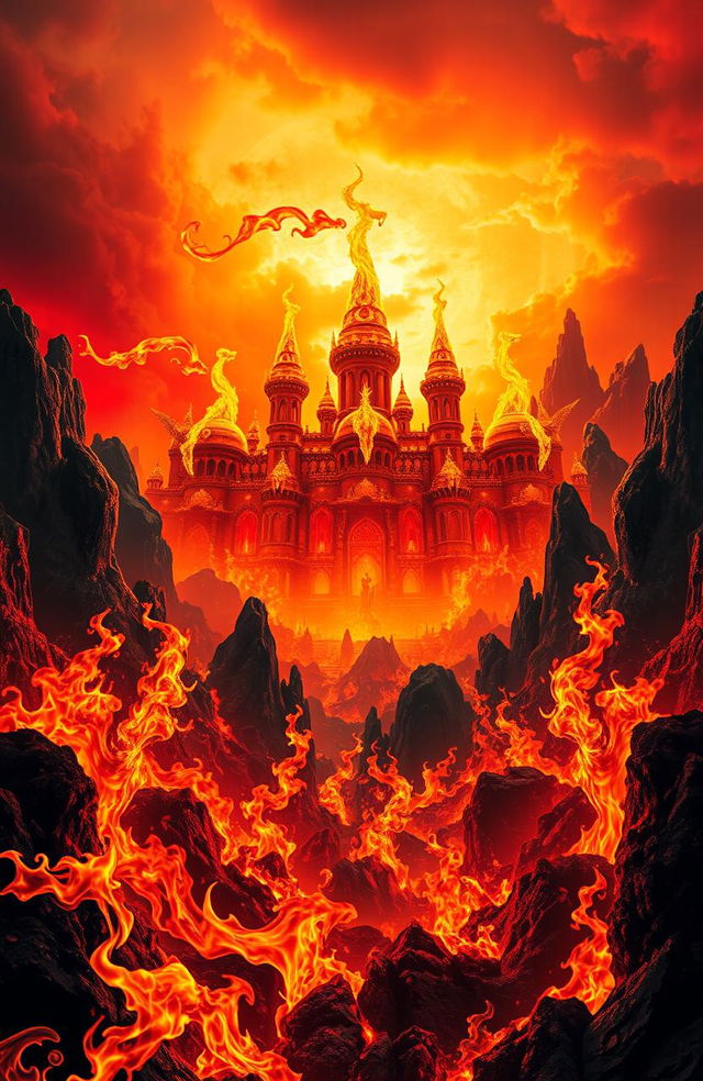 A hellish landscape with fiery flames resembling a grand palace, the flames shaped like yellow camels licking upwards