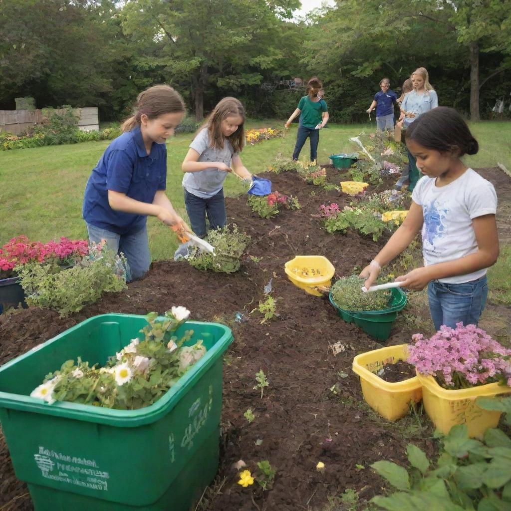 Generate an image depicting a lively environmental scene where people are cleaning, planting, and sorting bio and non-biodegradable waste in labeled bins. Include children learning environmental stewardship and sprinkle the scene with blooming flowers.