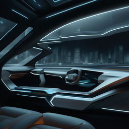 Driver's cabin of a 4-door, futuristic SUV portraying state-of-the-art tech innovations and sleek modern design.