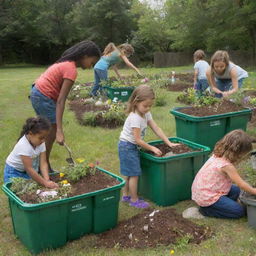 Generate an image depicting a lively environmental scene where people are cleaning, planting, and sorting bio and non-biodegradable waste in labeled bins. Include children learning environmental stewardship and sprinkle the scene with blooming flowers.