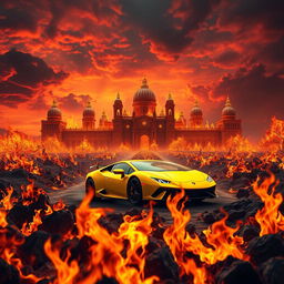 A hellish landscape filled with flames that resemble a grand palace, where the flickering tongues of fire take the shape of a yellow Lamborghini