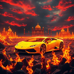 A hellish landscape filled with flames that resemble a grand palace, where the flickering tongues of fire take the shape of a yellow Lamborghini