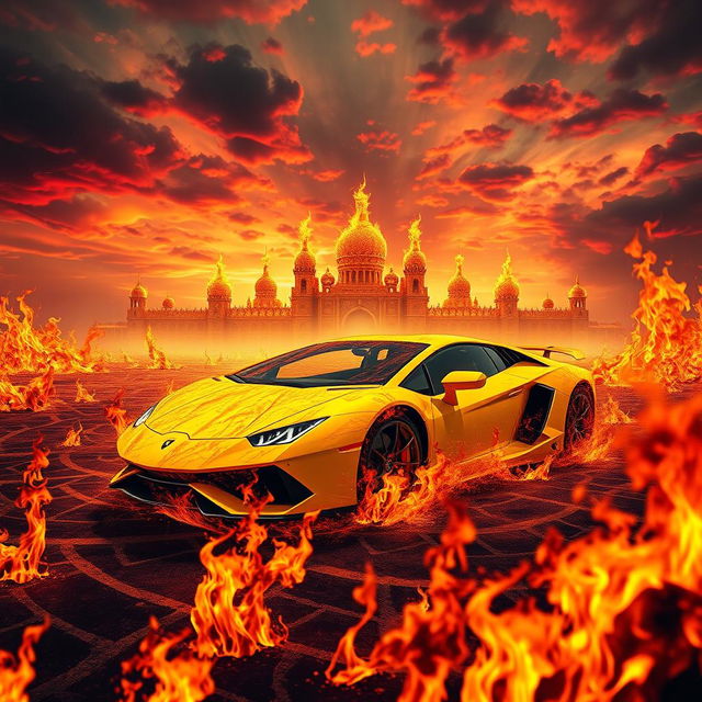 A hellish landscape filled with flames that resemble a grand palace, where the flickering tongues of fire take the shape of a yellow Lamborghini