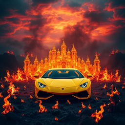 A hellish landscape filled with flames that resemble a grand palace, where the flickering tongues of fire take the shape of a yellow Lamborghini