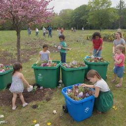 Generate an image depicting a lively environmental scene where people are cleaning, planting, and sorting bio and non-biodegradable waste in labeled bins. Include children learning environmental stewardship and sprinkle the scene with blooming flowers.