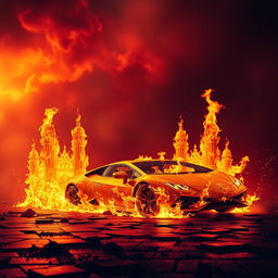 A hellish scene featuring flames that resemble a grand palace, with fiery tongues shaped like a yellow Lamborghini engulfed in flames