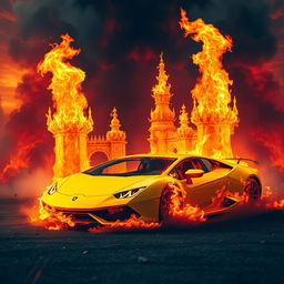 A hellish scene featuring flames that resemble a grand palace, with fiery tongues shaped like a yellow Lamborghini engulfed in flames