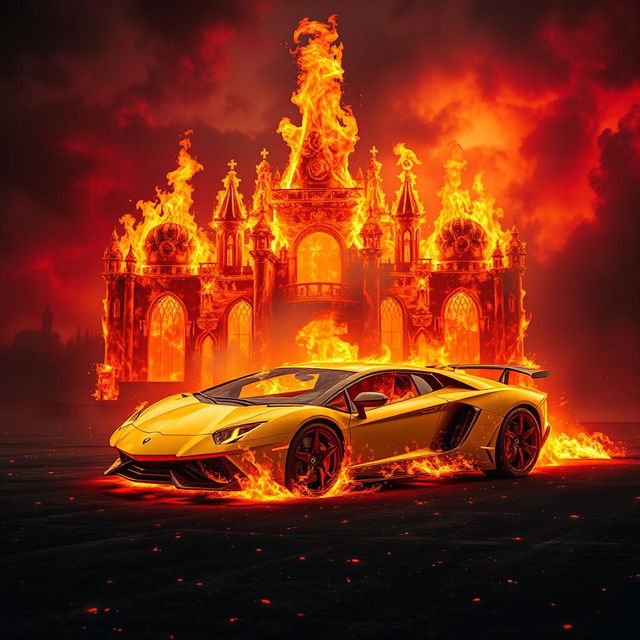 A hellish scene featuring flames that resemble a grand palace, with fiery tongues shaped like a yellow Lamborghini engulfed in flames