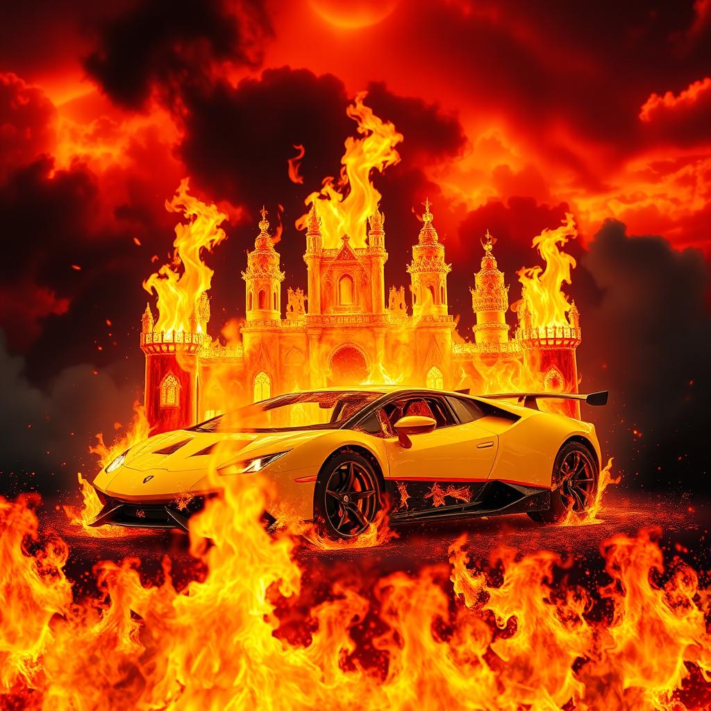 A hellish scene featuring flames that resemble a grand palace, with fiery tongues shaped like a yellow Lamborghini engulfed in flames