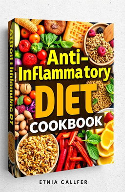 An eye-catching book cover for an "Anti-Inflammatory Diet Cookbook" featuring vibrant and colorful images of healthy food