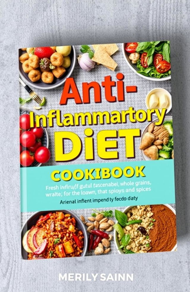 An eye-catching book cover for an "Anti-Inflammatory Diet Cookbook" featuring vibrant and colorful images of healthy food