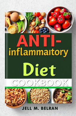 An eye-catching book cover for an "Anti-Inflammatory Diet Cookbook" featuring vibrant and colorful images of healthy food