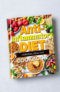 An eye-catching book cover for an "Anti-Inflammatory Diet Cookbook" featuring vibrant and colorful images of healthy food