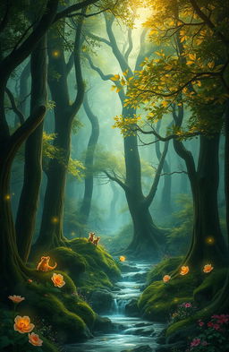 A mystical scene in a dense, enchanted forest known as the Whispering Woods, where ancient trees tower majestically, their leaves shimmering in shades of emerald and gold