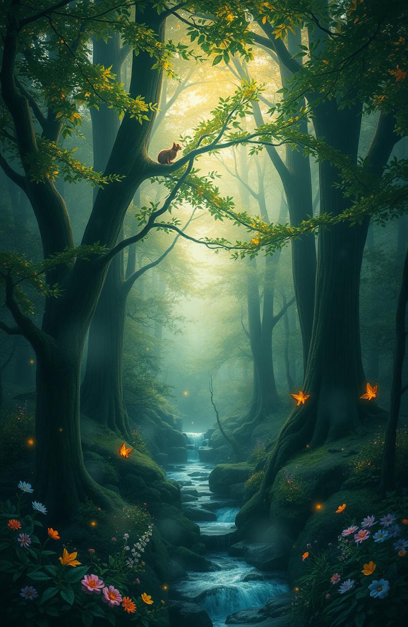 A mystical scene in a dense, enchanted forest known as the Whispering Woods, where ancient trees tower majestically, their leaves shimmering in shades of emerald and gold