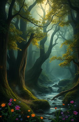 A mystical scene in a dense, enchanted forest known as the Whispering Woods, where ancient trees tower majestically, their leaves shimmering in shades of emerald and gold