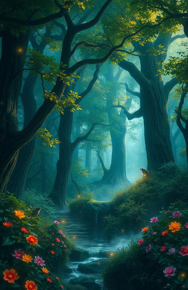 A mystical scene in a dense, enchanted forest known as the Whispering Woods, where ancient trees tower majestically, their leaves shimmering in shades of emerald and gold