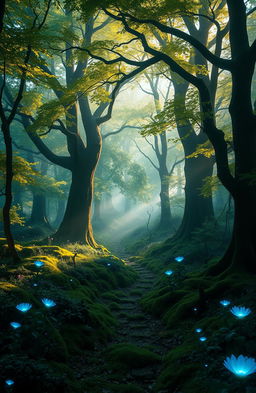 A mystical forest known as the Whispering Woods, where ancient trees tower overhead, their leaves shimmering in shades of emerald and gold