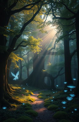 A mystical forest known as the Whispering Woods, where ancient trees tower overhead, their leaves shimmering in shades of emerald and gold