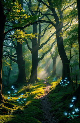 A mystical forest known as the Whispering Woods, where ancient trees tower overhead, their leaves shimmering in shades of emerald and gold
