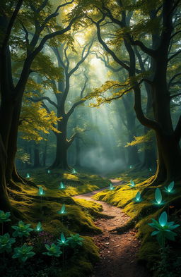 A mystical forest known as the Whispering Woods, where ancient trees tower overhead, their leaves shimmering in shades of emerald and gold