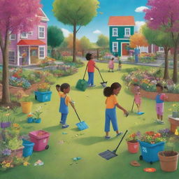 Design an animated image of a vibrant environmental scene with people cleaning and gardening, bins labeled with bio and non-biodegradable, children receiving lessons on nature care, and flowers dotting the terrain.